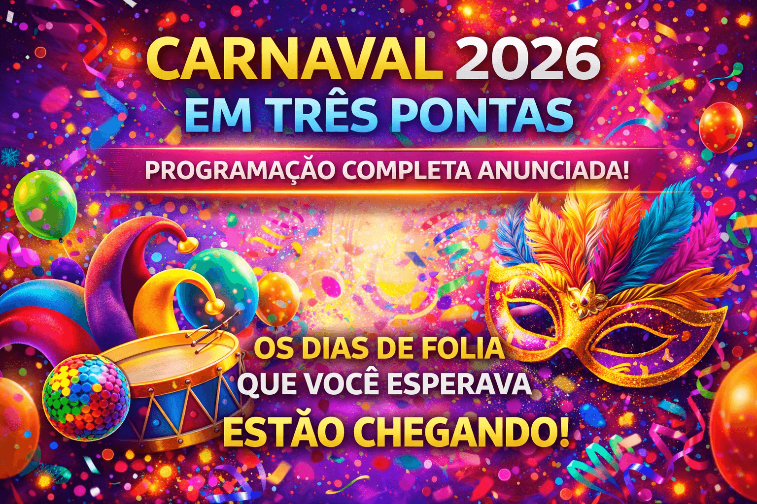 CARNAVAL 2026 EM TRÊS PONTAS: A maior festa do ano já tem data e programação confirmada!